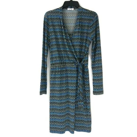 Calvin Klein Dresses & Skirts - CALVIN KLIEN Women's Faux Wrap Sz 4 Blue Long Sleeve Geo Print Midi Dress